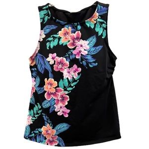 Lands End Tankini Top High Neck Built-in Soft Bra Black/ Pink Floral. 8